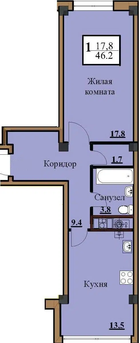 Планировка: 1-комн. квартира 45.10 м² в новостройке Северный-2