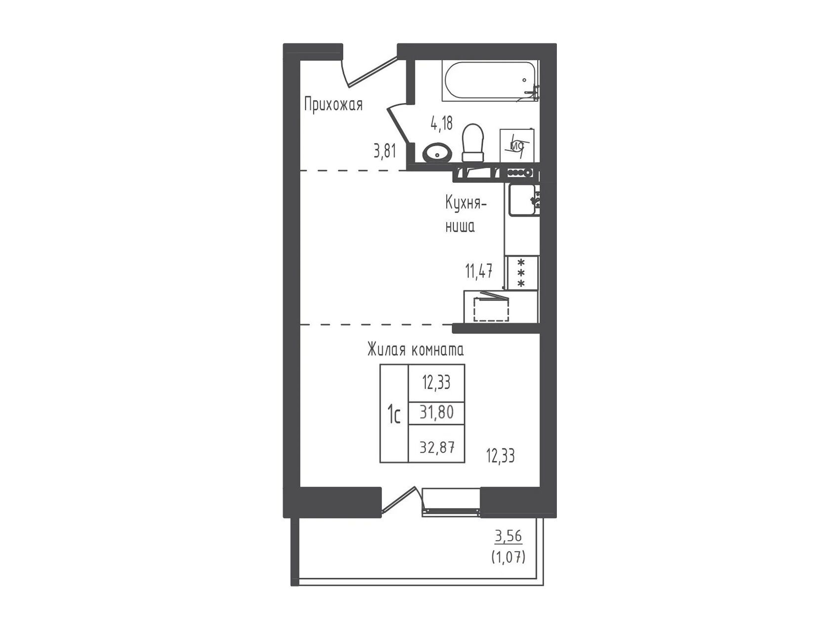 Планировка: Студия 32.87 м² в новостройке Зеленый Город