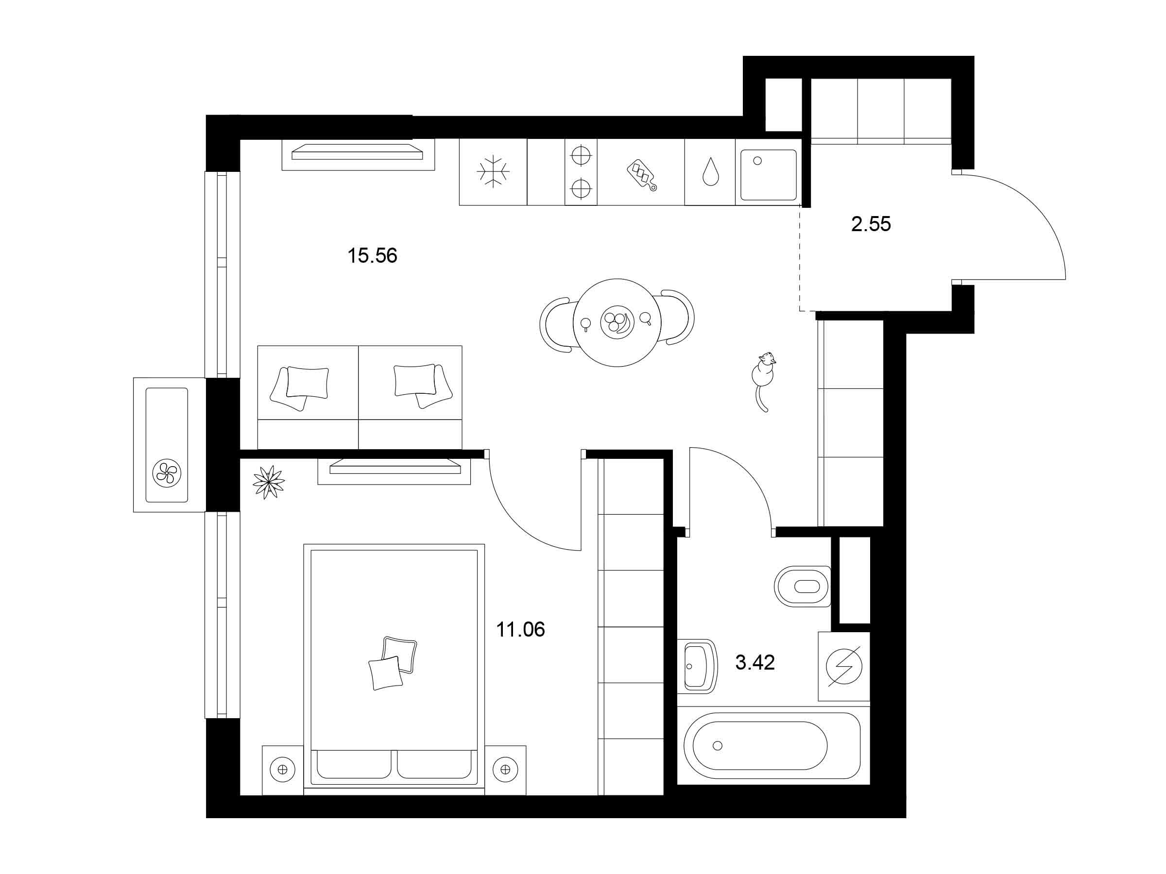 Планировка: 1-комн. квартира 32.59 м² в новостройке Квартал Мит