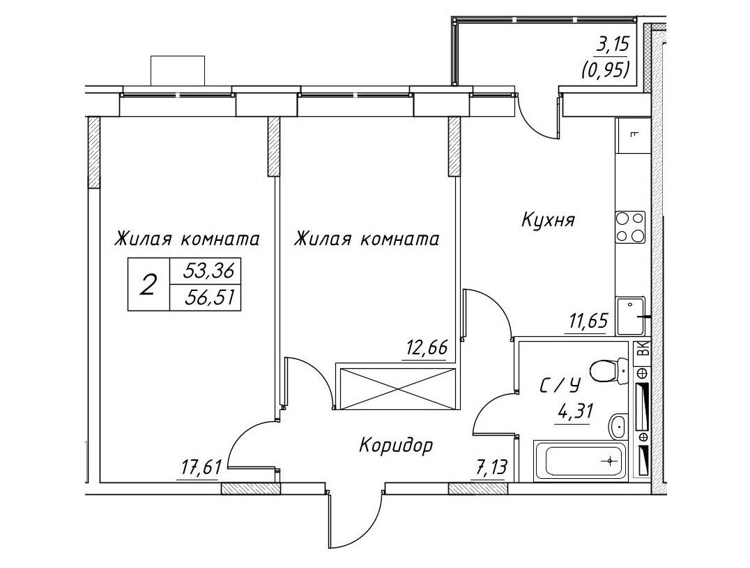 Планировка: 2-комн. квартира 56.51 м² в новостройке Большевик (Дмитров)