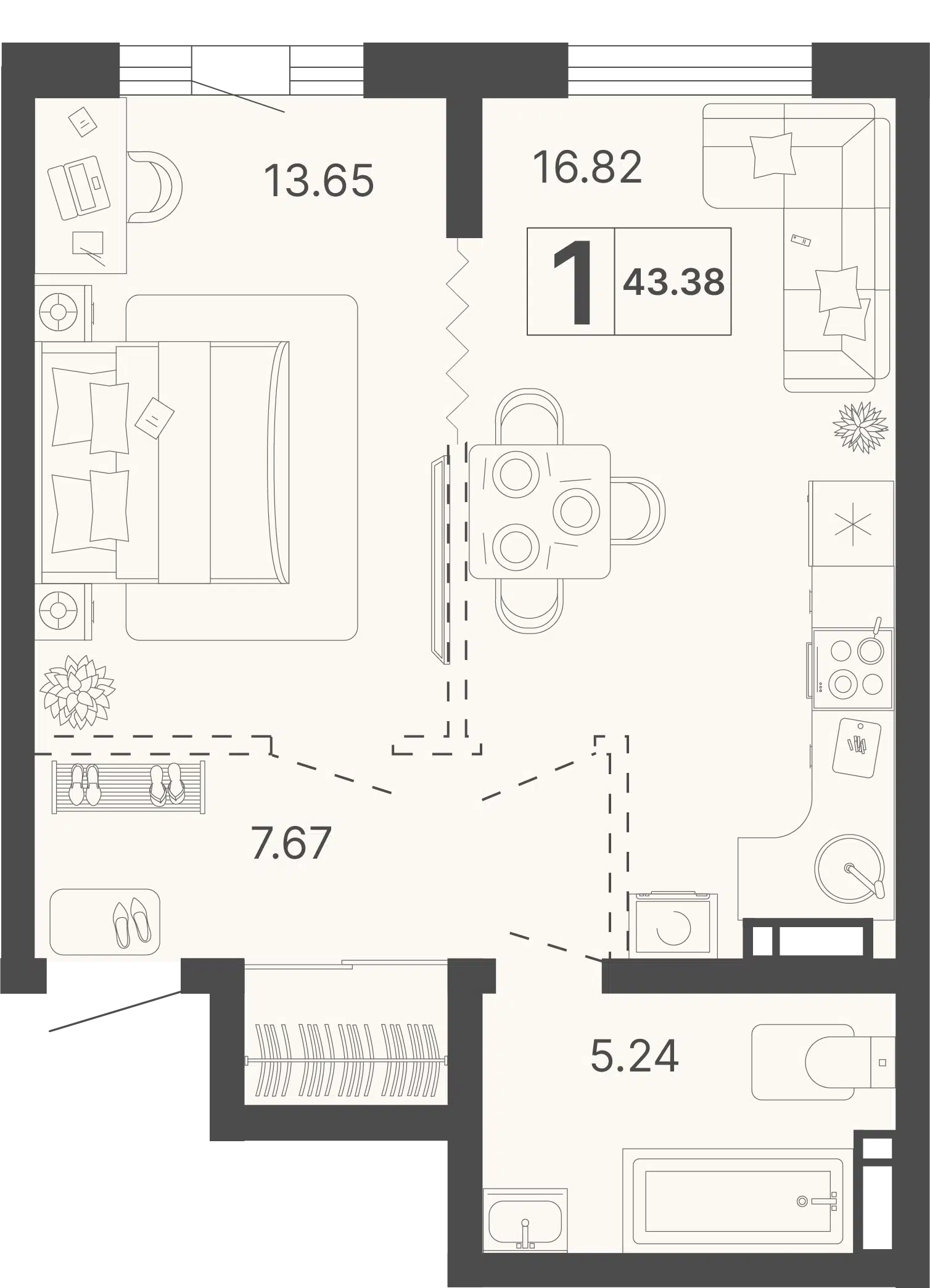Планировка: 1-комн. квартира 43.38 м² в новостройке Светский лес