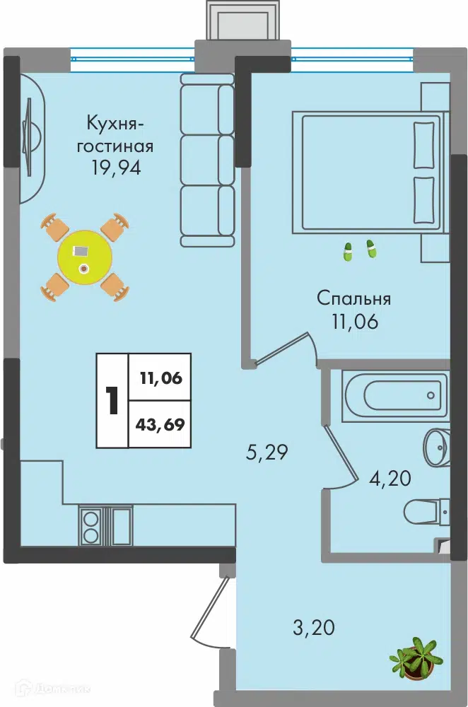 Планировка: 1-комн. квартира 43.69 м² в новостройке Зелёная территория