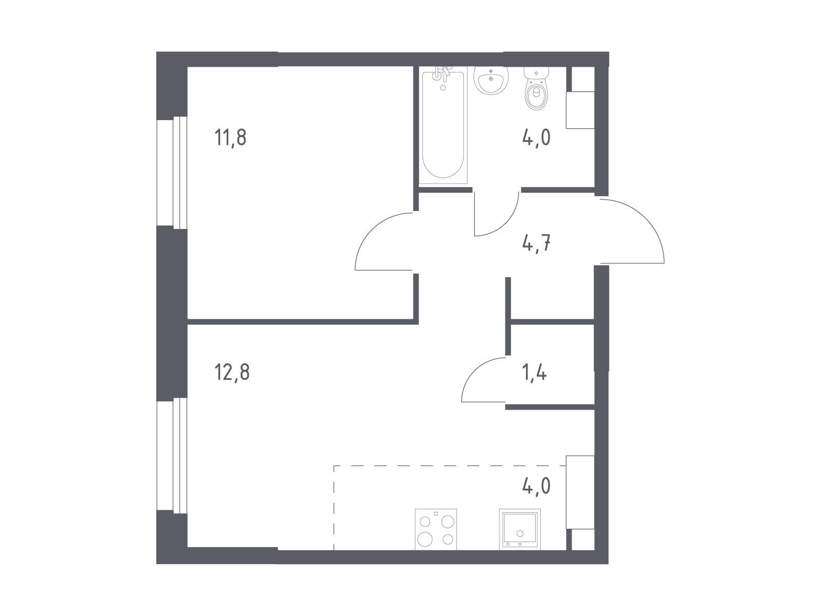 Планировка: 1-комн. квартира 37.20 м² в новостройке Эко Бунино