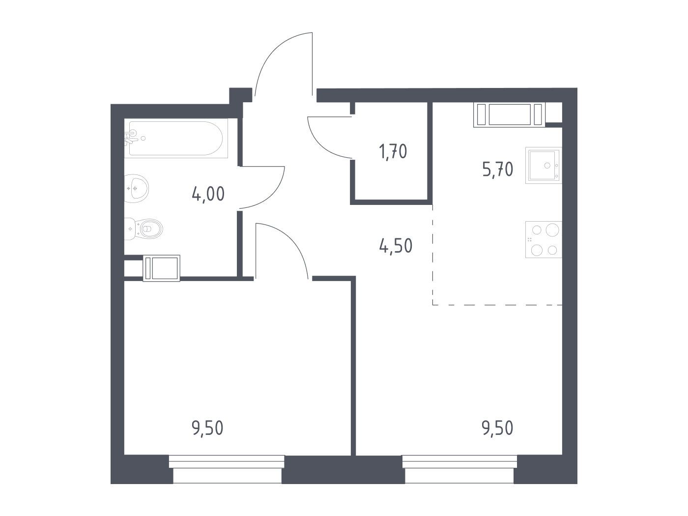 Планировка: 1-комн. квартира 34.90 м² в новостройке Эко Бунино