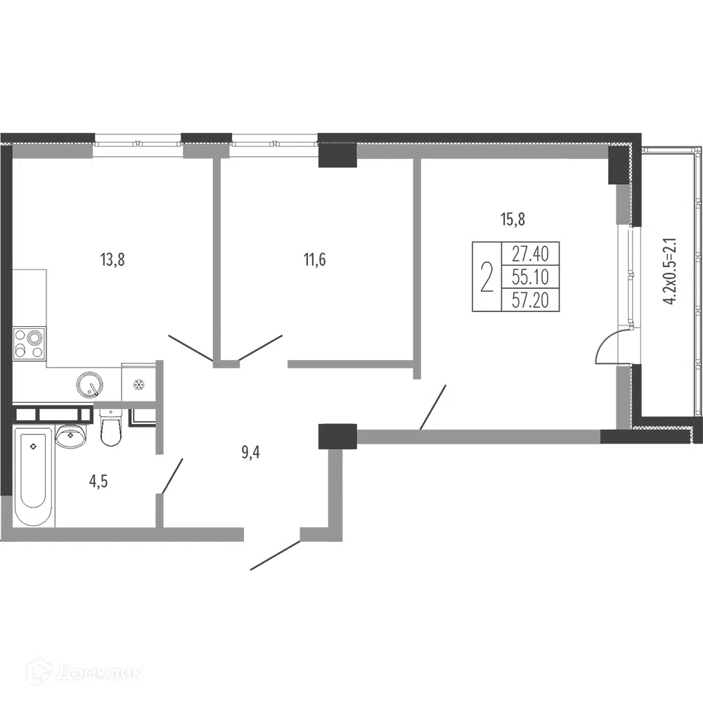 Планировка: 2-комн. квартира 58.65 м² в новостройке Екатерининский парк