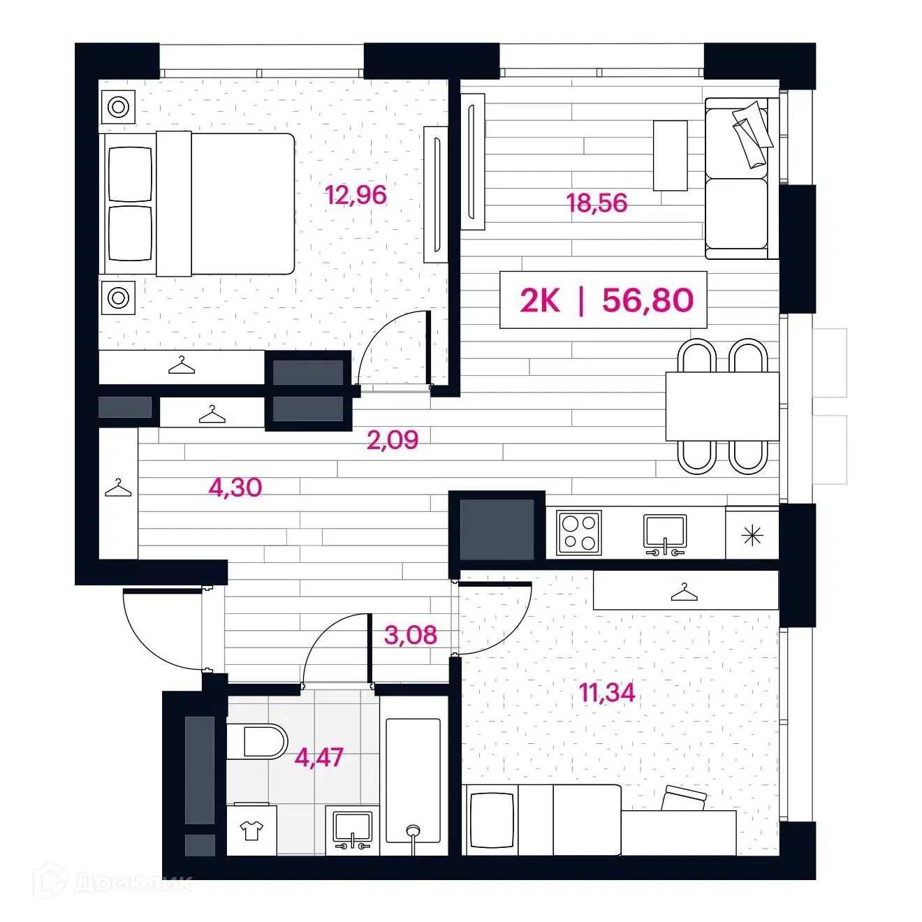 Планировка: 2-комн. квартира 57.17 м² в новостройке Пушкина
