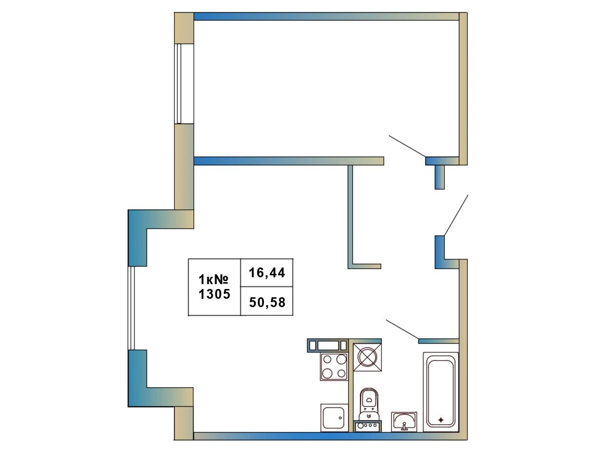 Планировка: 1-комн. квартира 50.58 м² в новостройке Атмосфера Выборга