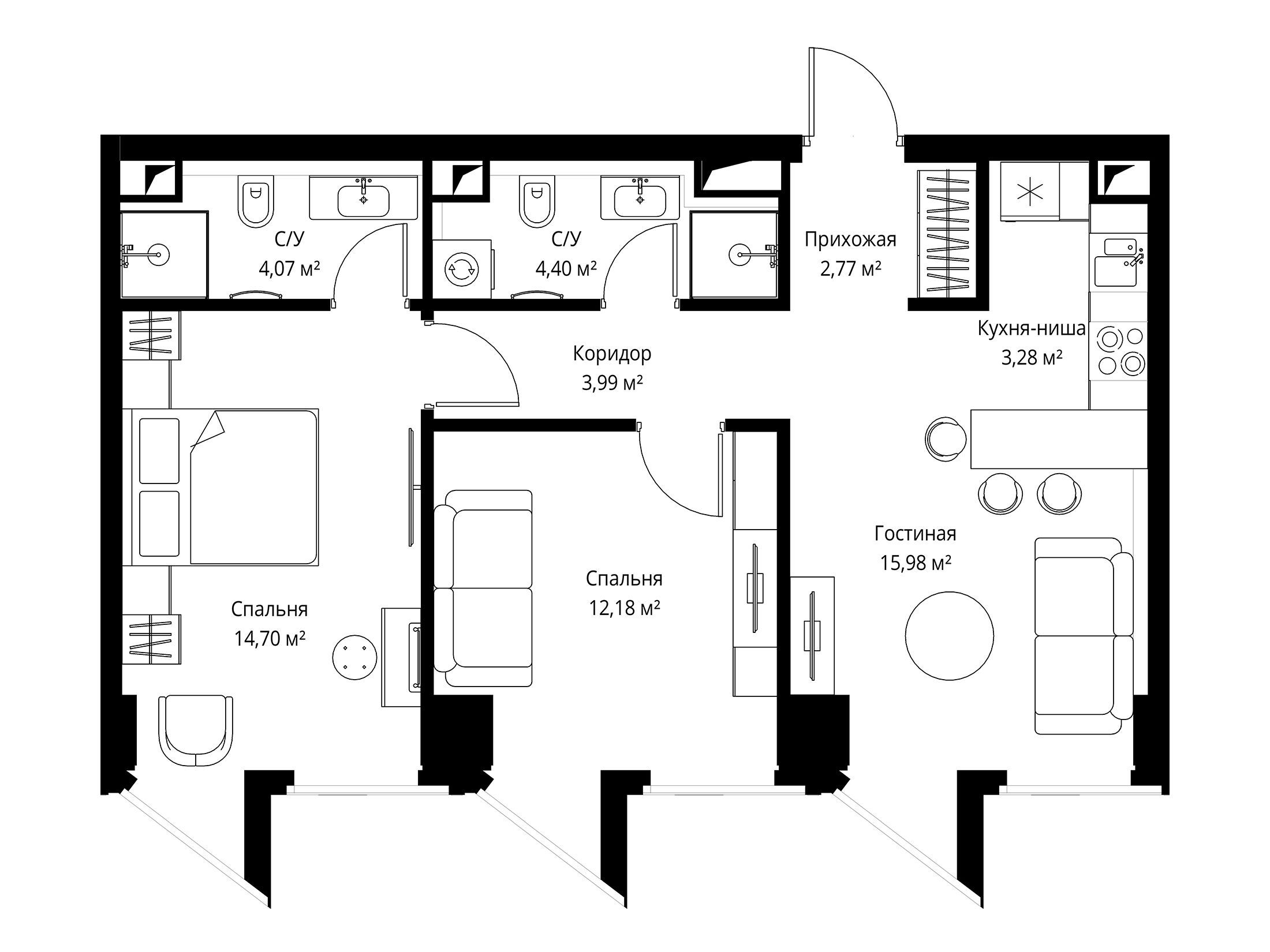 Планировка: 2-комн. квартира 61.10 м² в новостройке ЖК Феймос