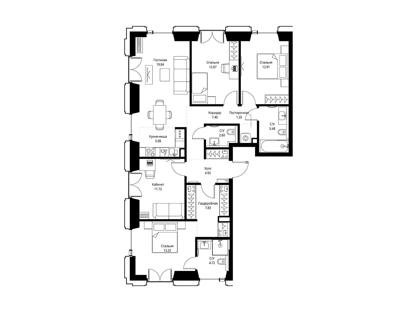 Планировка: 4-комн. квартира 109.62 м² в новостройке Сет