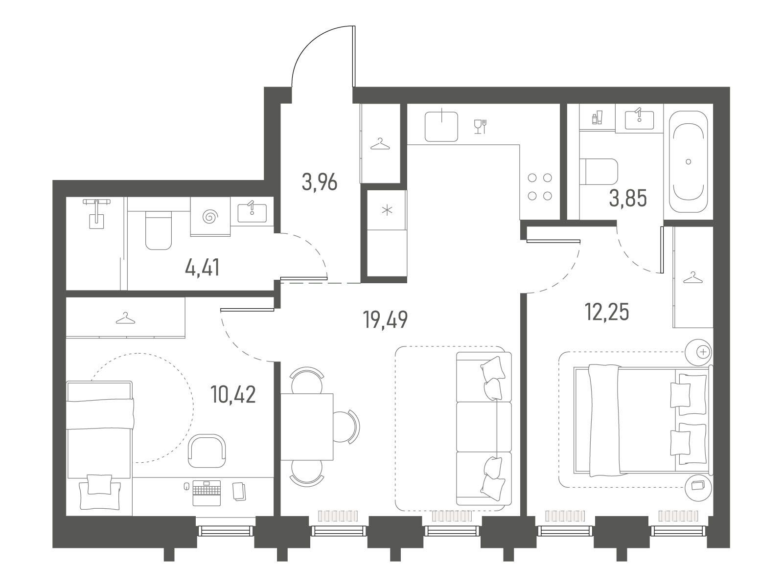 Планировка: 2-комн. квартира 54.38 м² в новостройке Индиво
