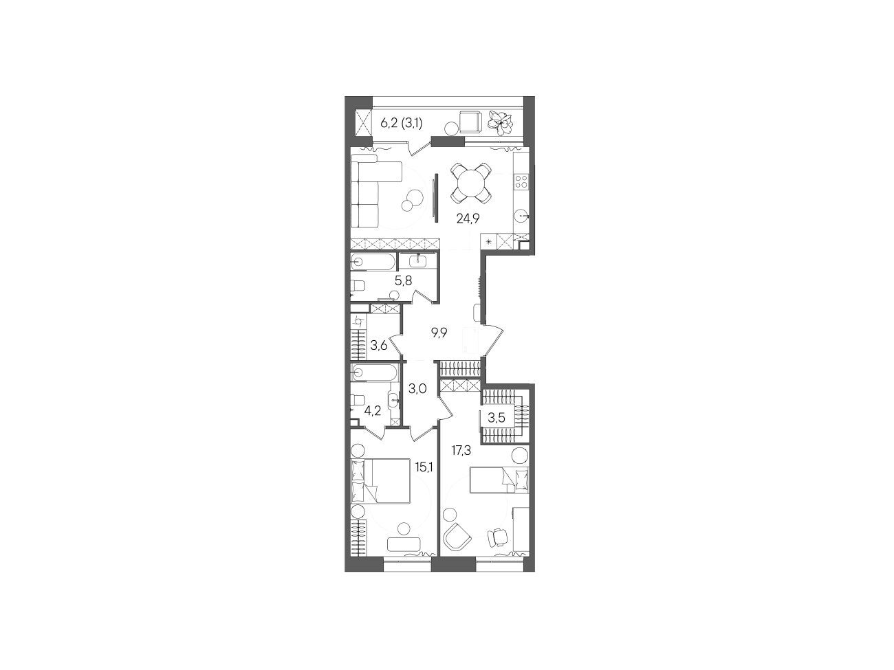 Планировка: 2-комн. квартира 90.40 м² в новостройке ЖК Стоун Райз