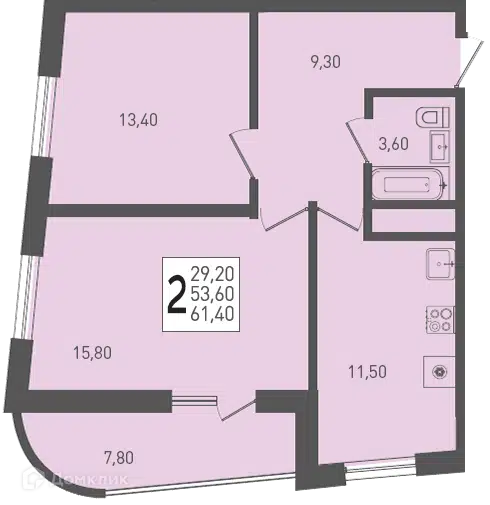 Планировка: 2-комн. квартира 61.40 м² в новостройке Огурцы