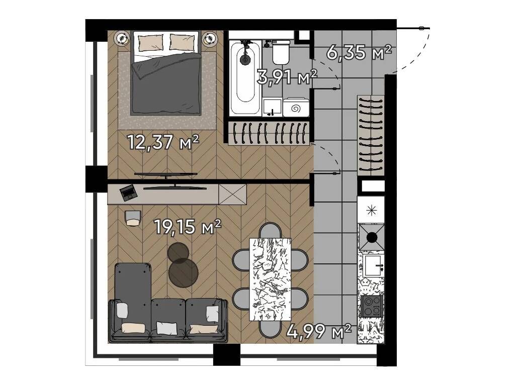 Планировка: 1-комн. квартира 46.77 м² в новостройке ЖК Серебряный бор