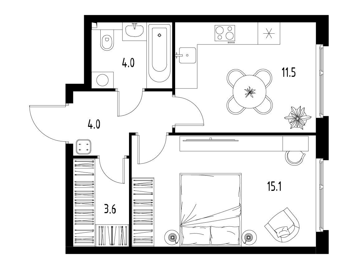 Планировка: 1-комн. квартира 38.30 м² в новостройке ЖКСколково Уан