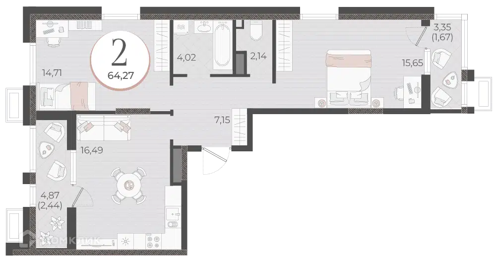 Планировка: 2-комн. квартира 64.27 м² в новостройке Моренуар