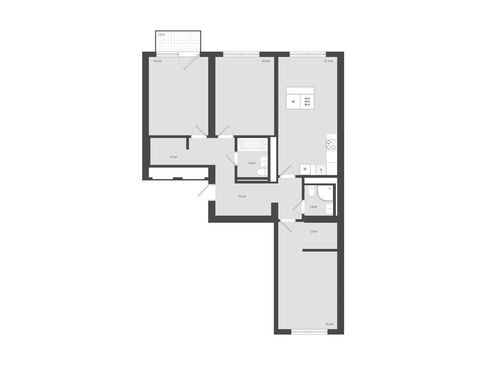 Планировка: 4-комн. квартира 95.40 м² в новостройке Яковлево