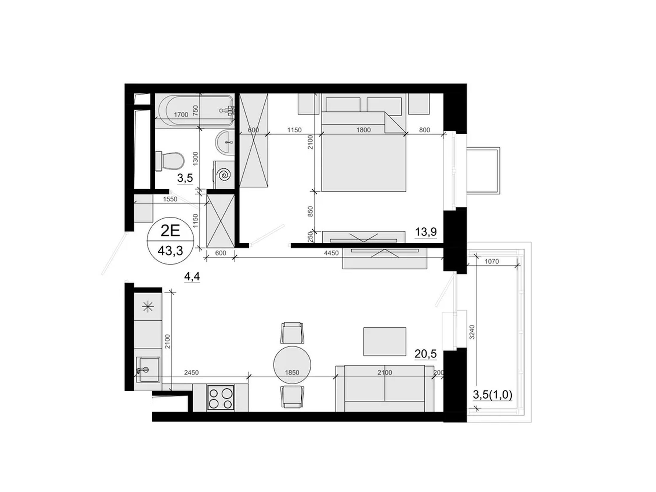 Планировка: 1-комн. квартира 43.30 м² в новостройке Одинцовские кварталы