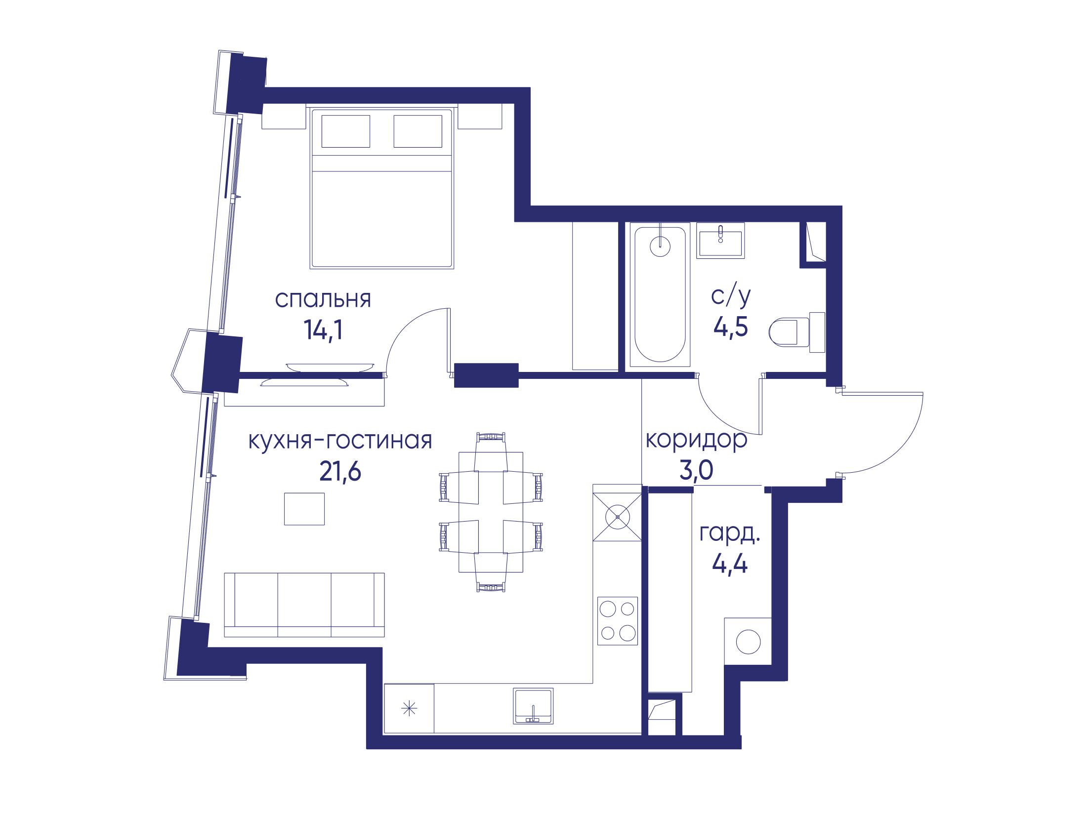 Планировка: 1-комн. квартира 47.40 м² в новостройке Остров
