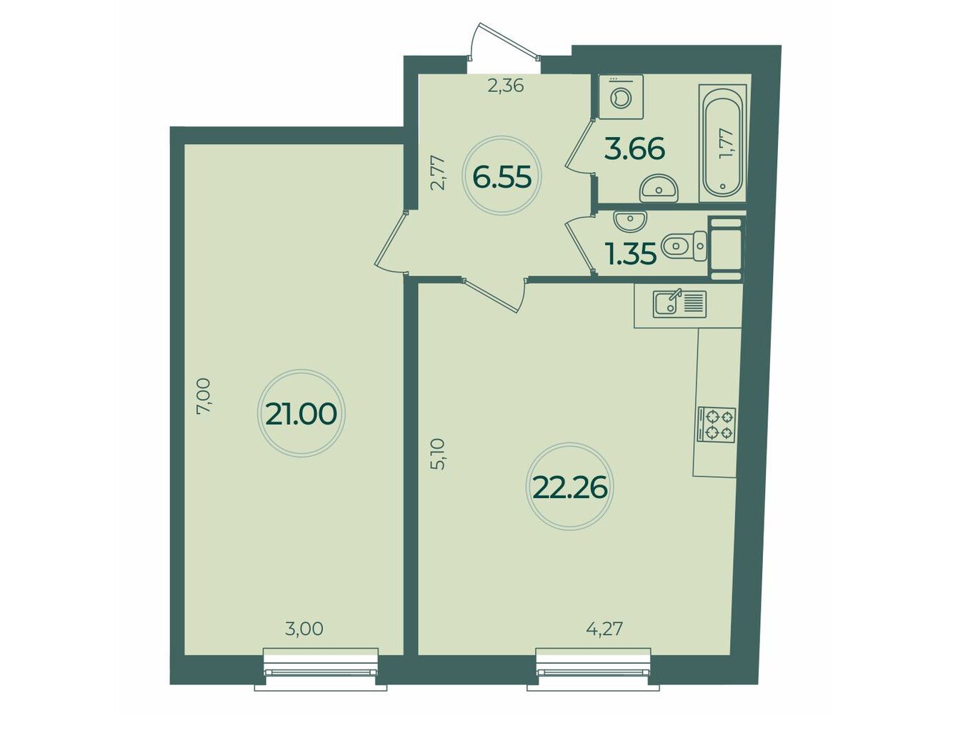 Планировка: 1-комн. квартира 54.82 м² в новостройке Дуалист
