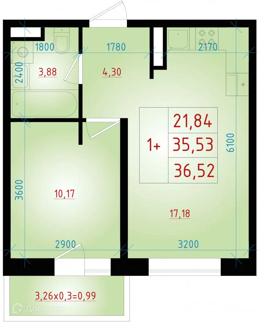 Планировка: 1-комн. квартира 36.52 м² в новостройке ЖК Мега2