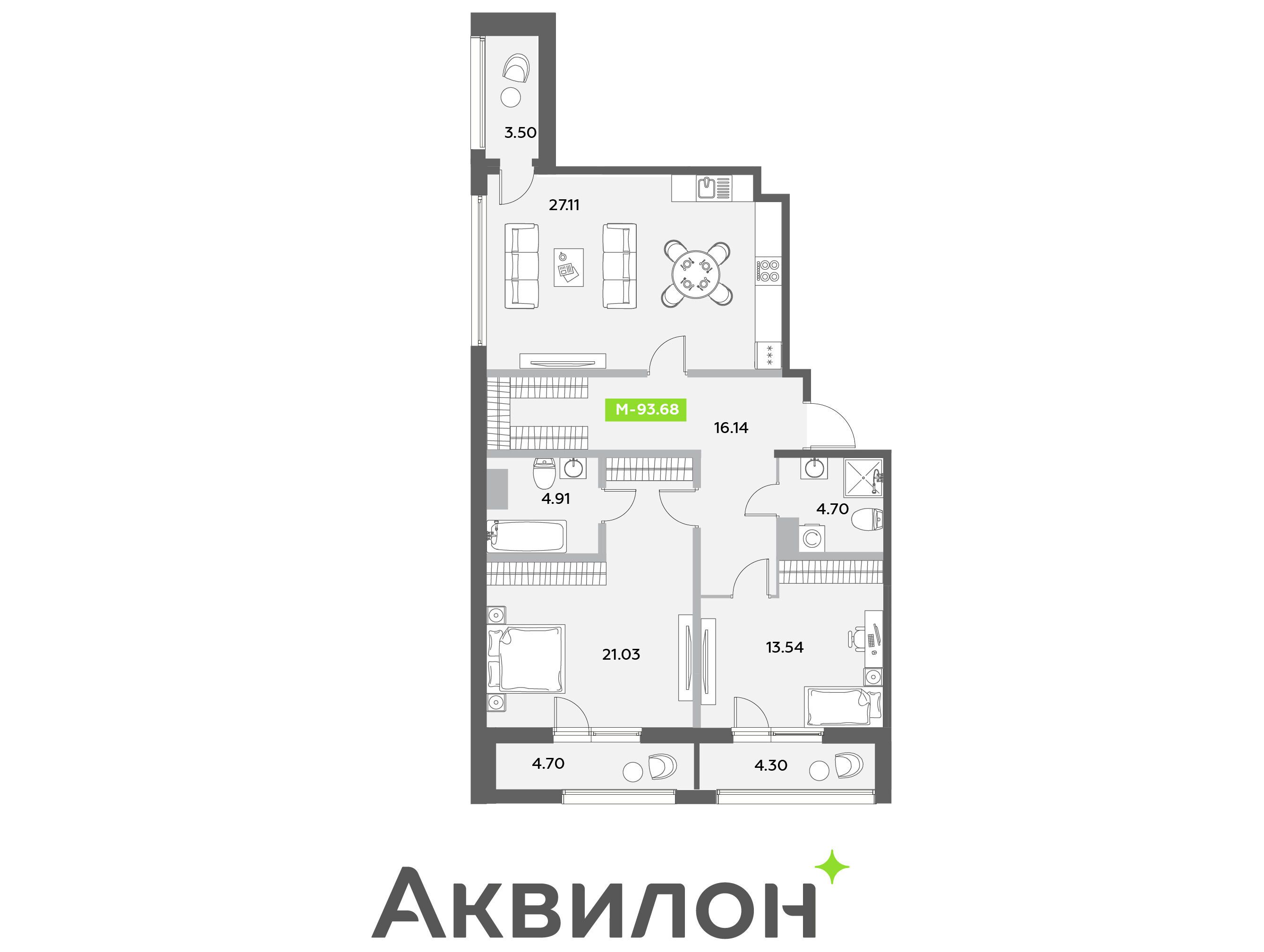 Планировка: 3-комн. квартира 95.80 м² в новостройке Аквилон Лив
