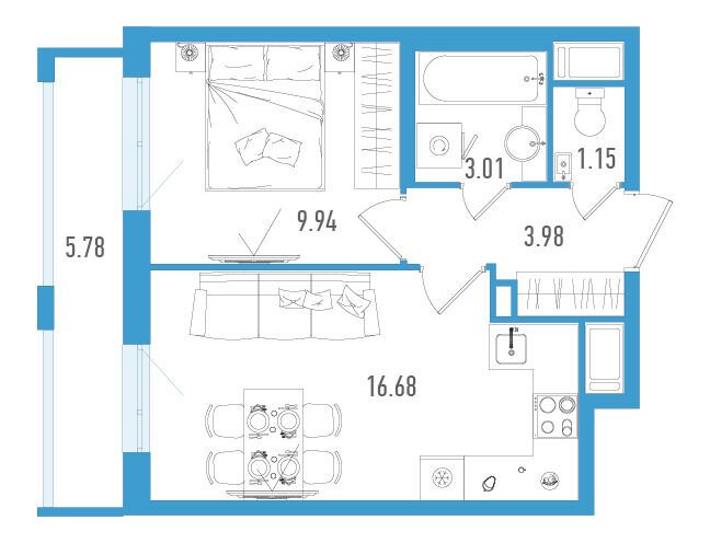 Планировка: 1-комн. квартира 36.49 м² в новостройке Старлайт