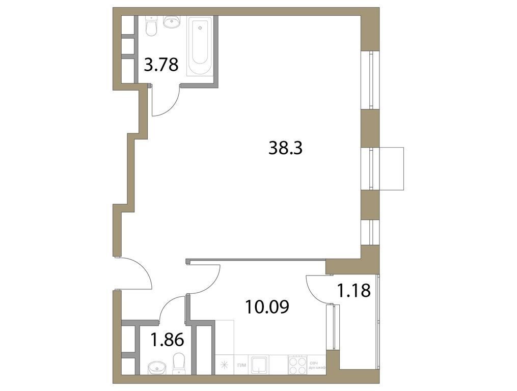 Планировка: 2-комн. квартира 55.47 м² в новостройке Время