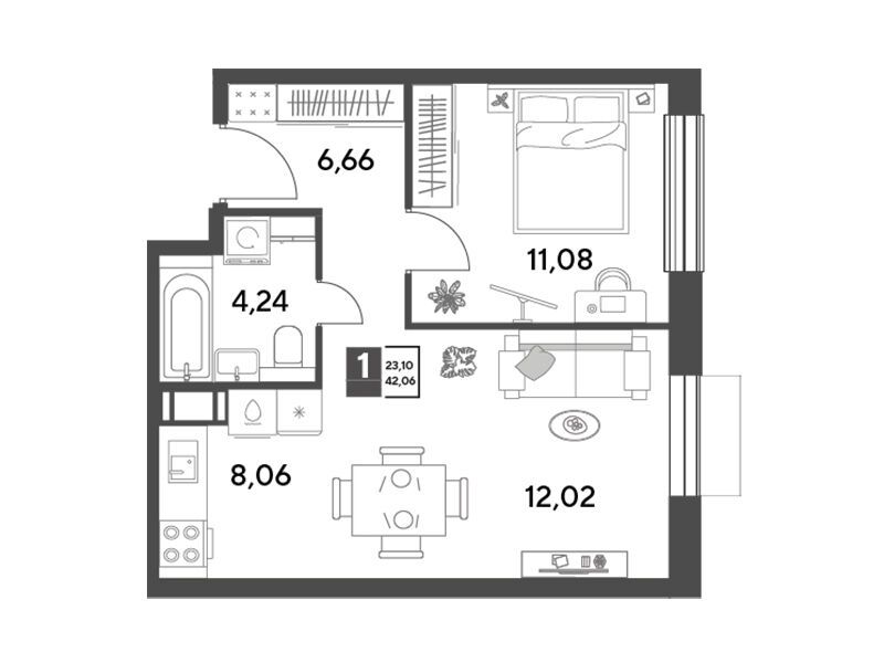 Планировка: 1-комн. квартира 42.06 м² в новостройке Публицист