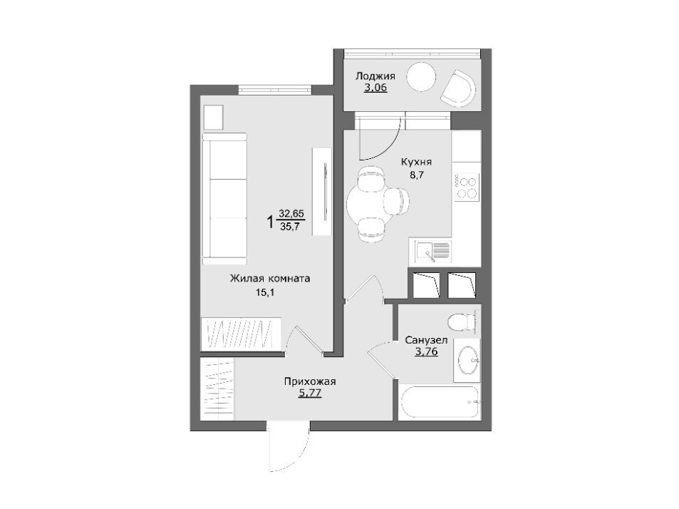 Планировка: 1-комн. квартира 35.60 м² в новостройке Клевер