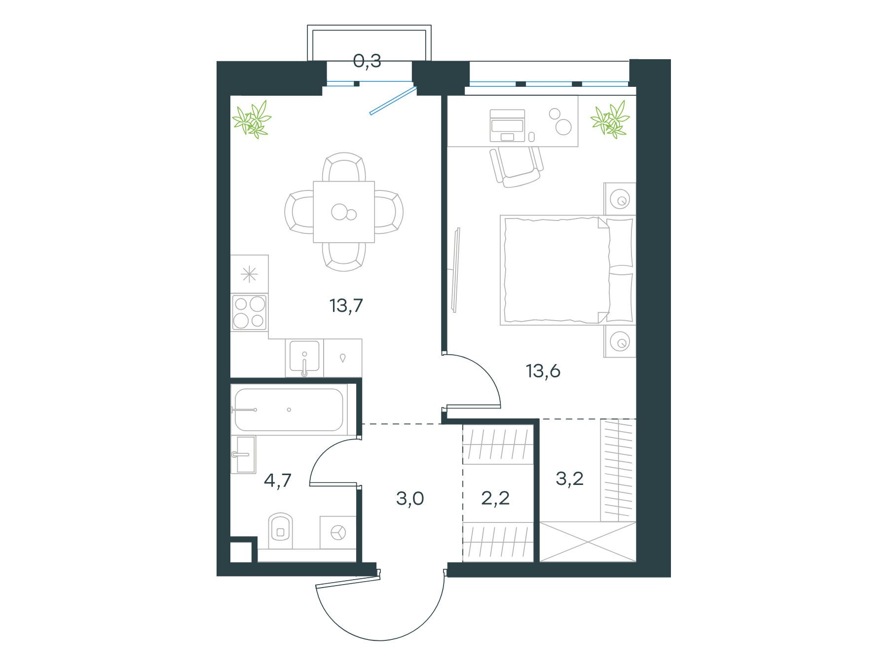 Планировка: 1-комн. квартира 40.70 м² в новостройке Левел Селигерская