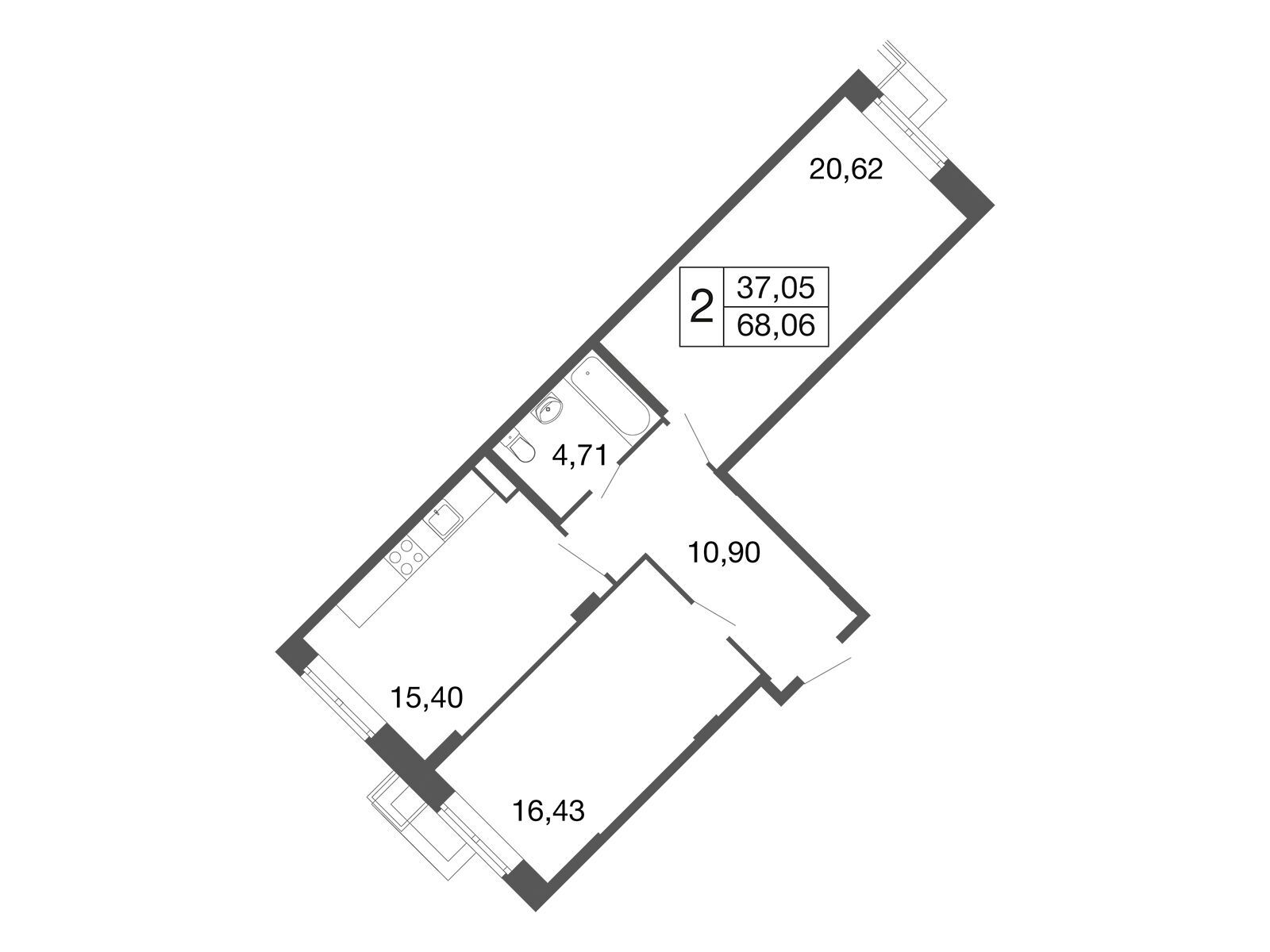Планировка: 2-комн. квартира 68.00 м² в новостройке Времена года