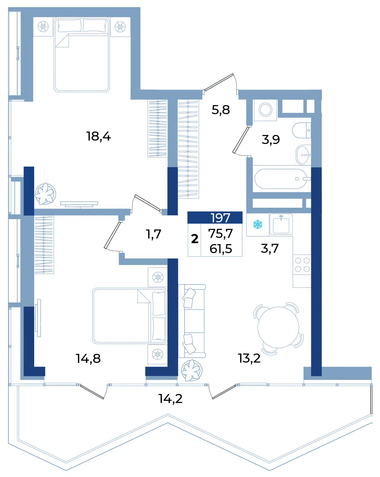 Планировка: 2-комн. квартира 75.70 м² в новостройке Эфириум
