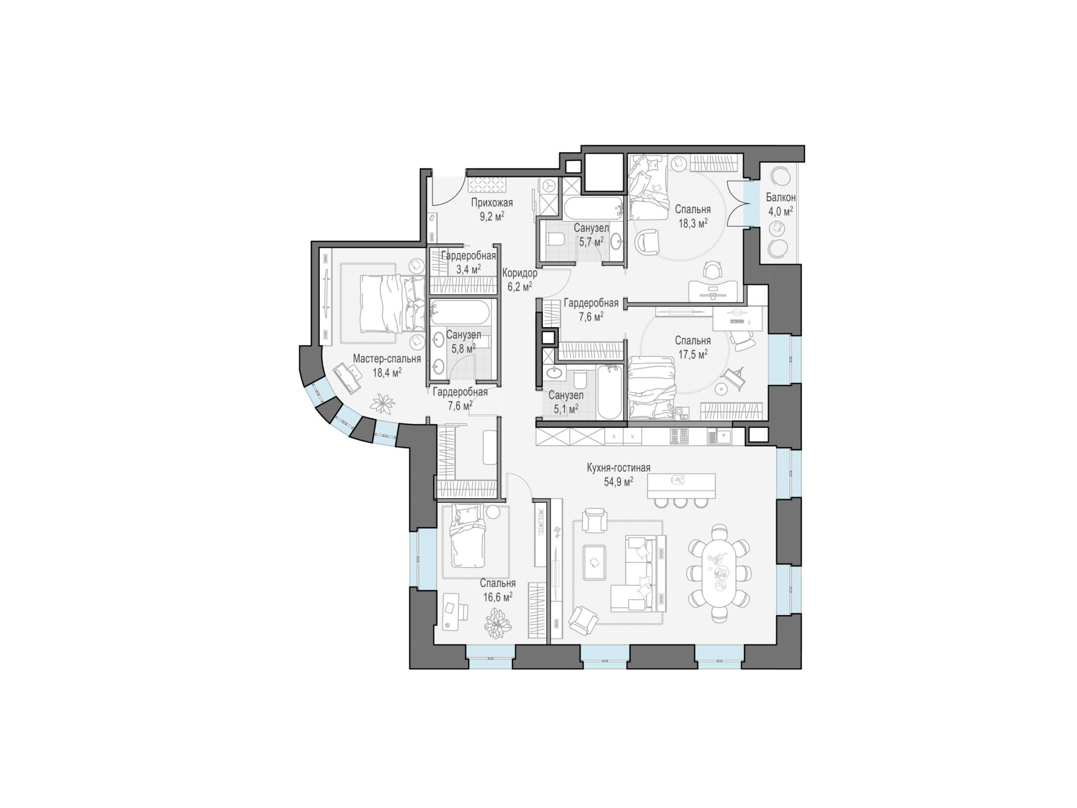 Планировка: 4-комн. квартира 178.80 м² в новостройке Фон Дессин