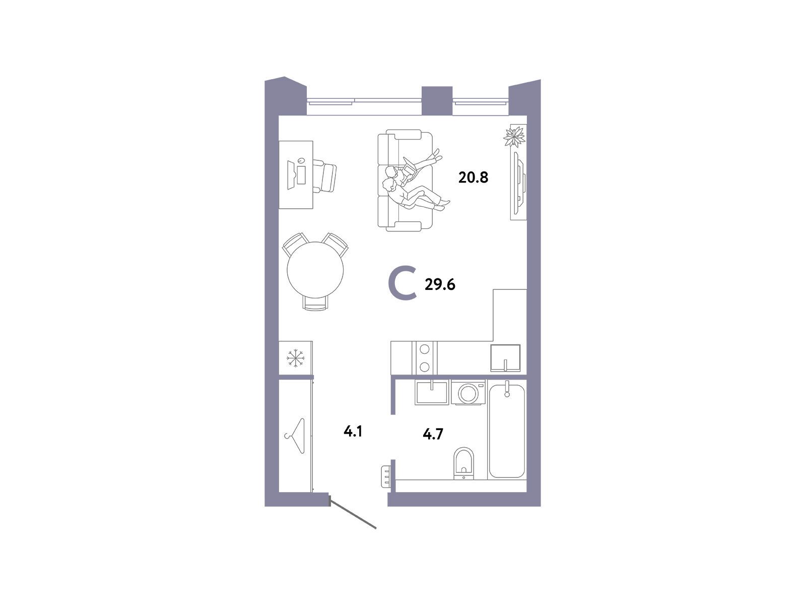 Планировка: 1-комн. квартира 29.60 м² в новостройке Страна. Заречная