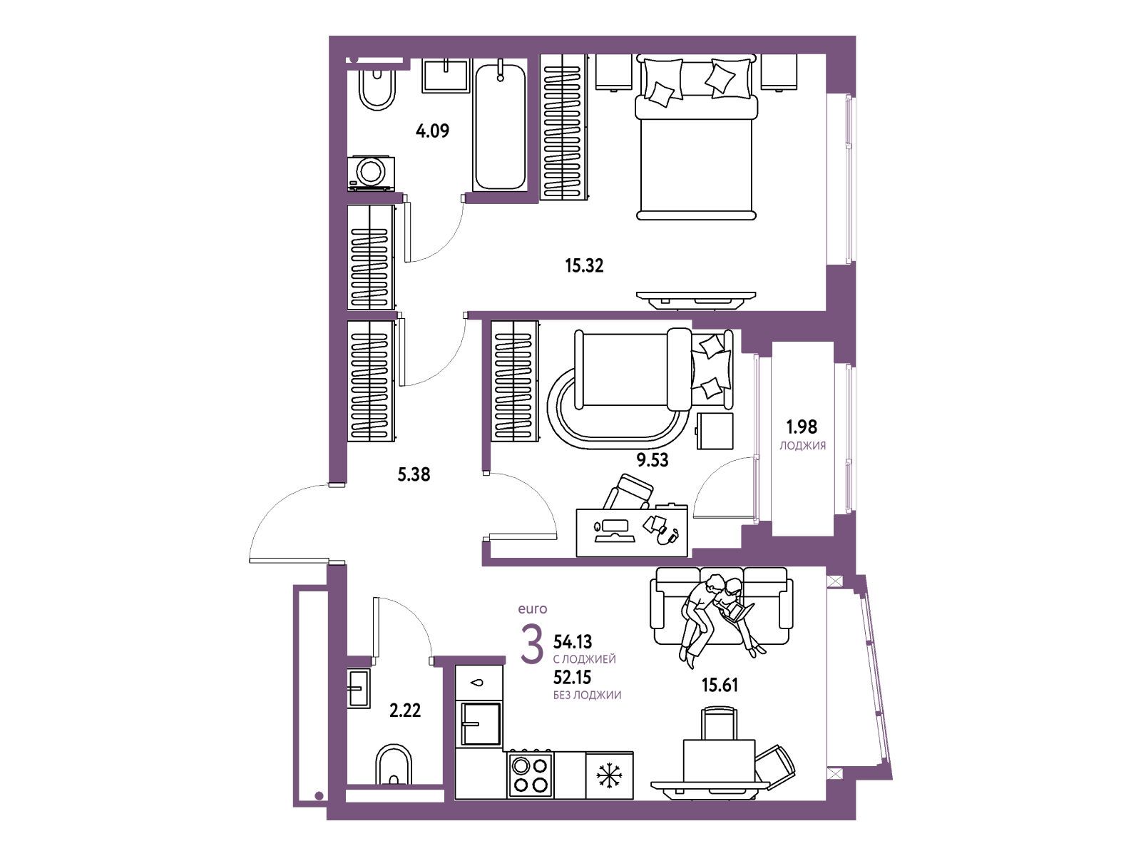 Планировка: 3-комн. квартира 54.13 м² в новостройке Страна Парковая