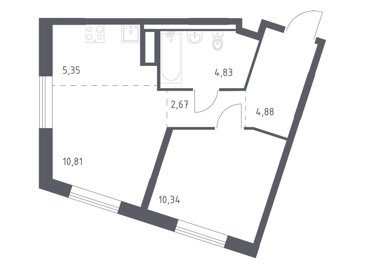 Планировка: 1-комн. квартира 38.88 м² в новостройке Лаголово