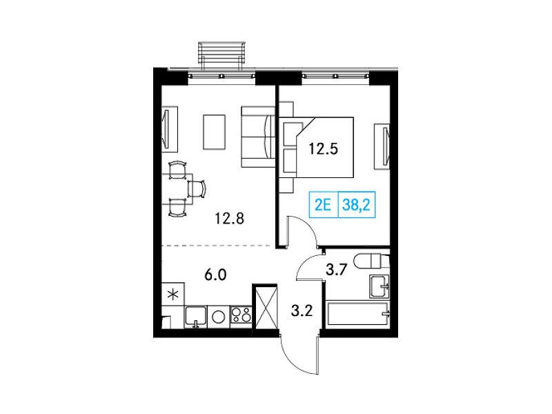 Планировка: 1-комн. квартира 38.00 м² в новостройке ЖК Новый Зеленоград