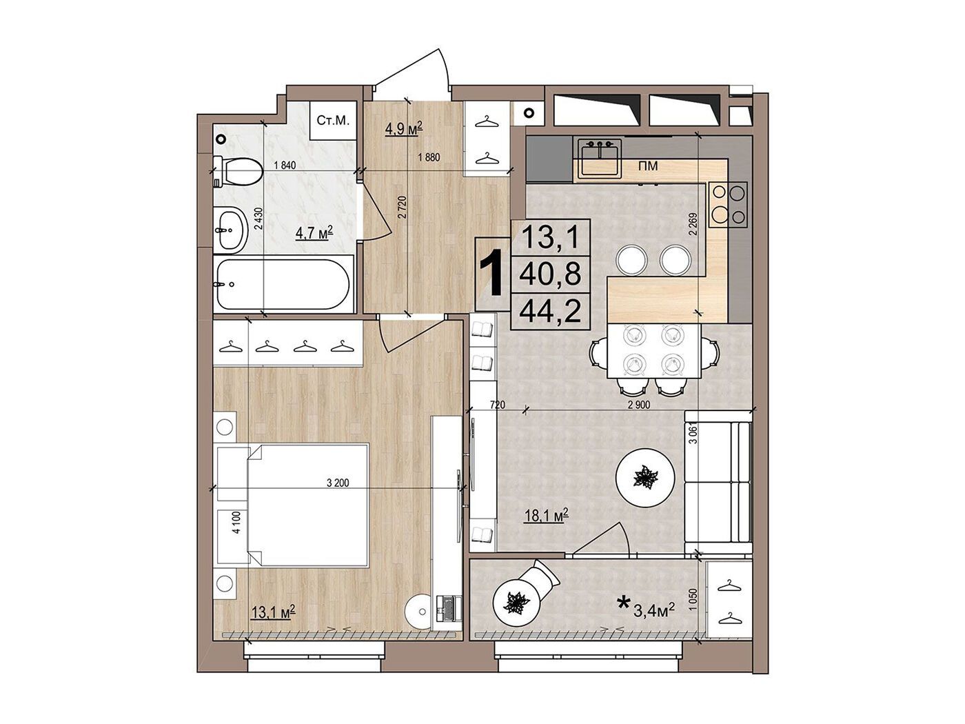 Планировка: 1-комн. квартира 44.20 м² в новостройке Гранд Комфорт