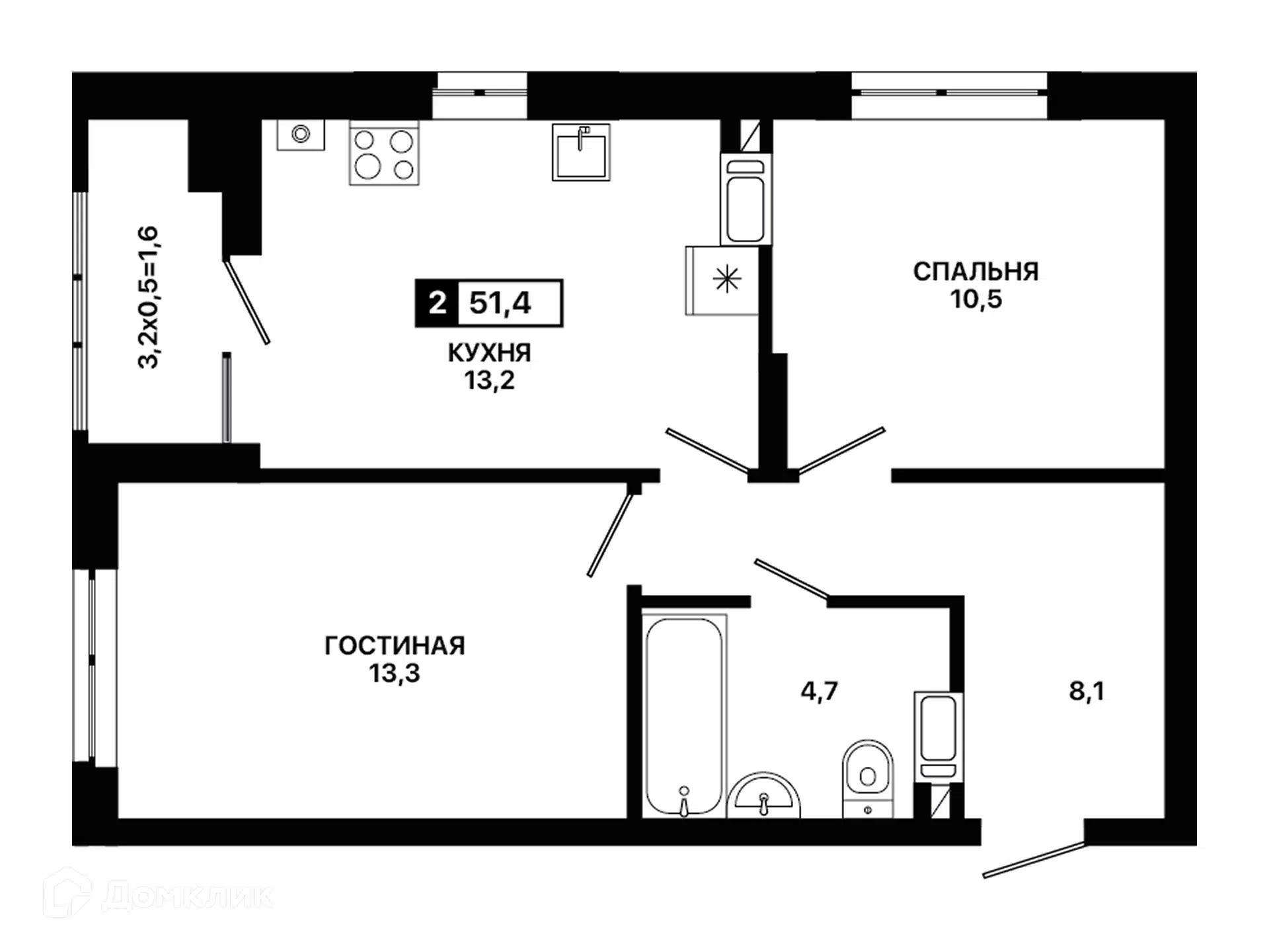 Планировка: 2-комн. квартира 51.40 м² в новостройке Приморье