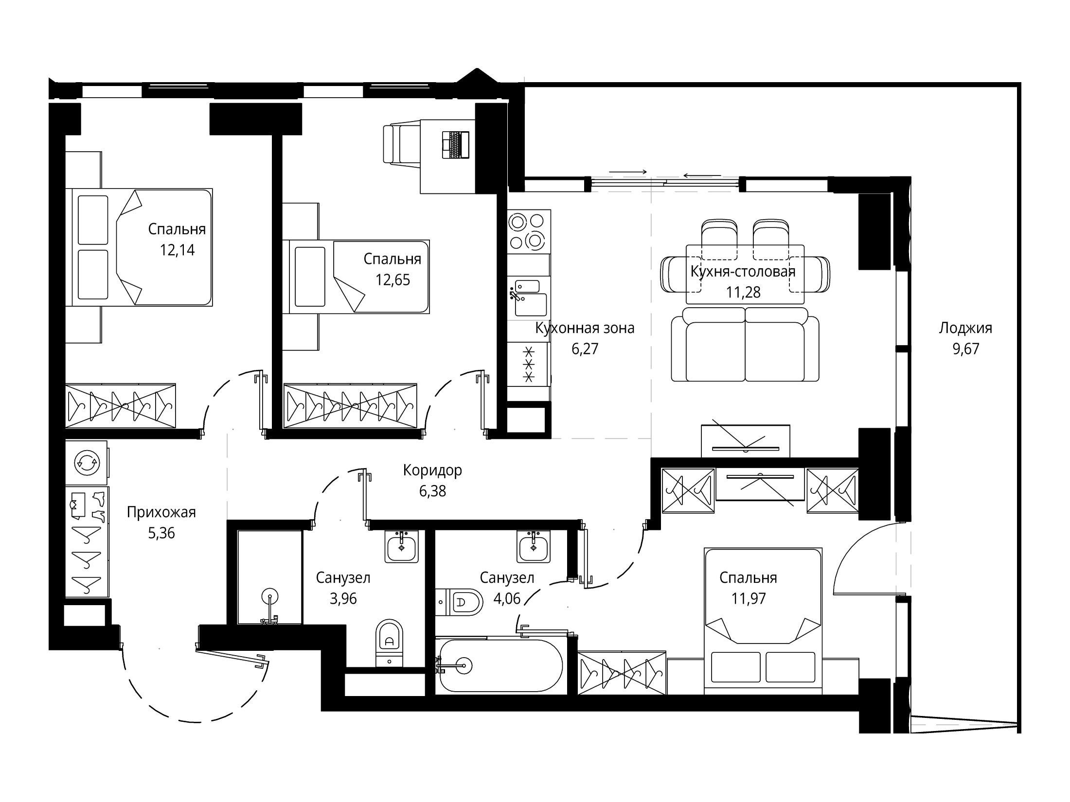 Планировка: 3-комн. квартира 84.07 м² в новостройке Джойс