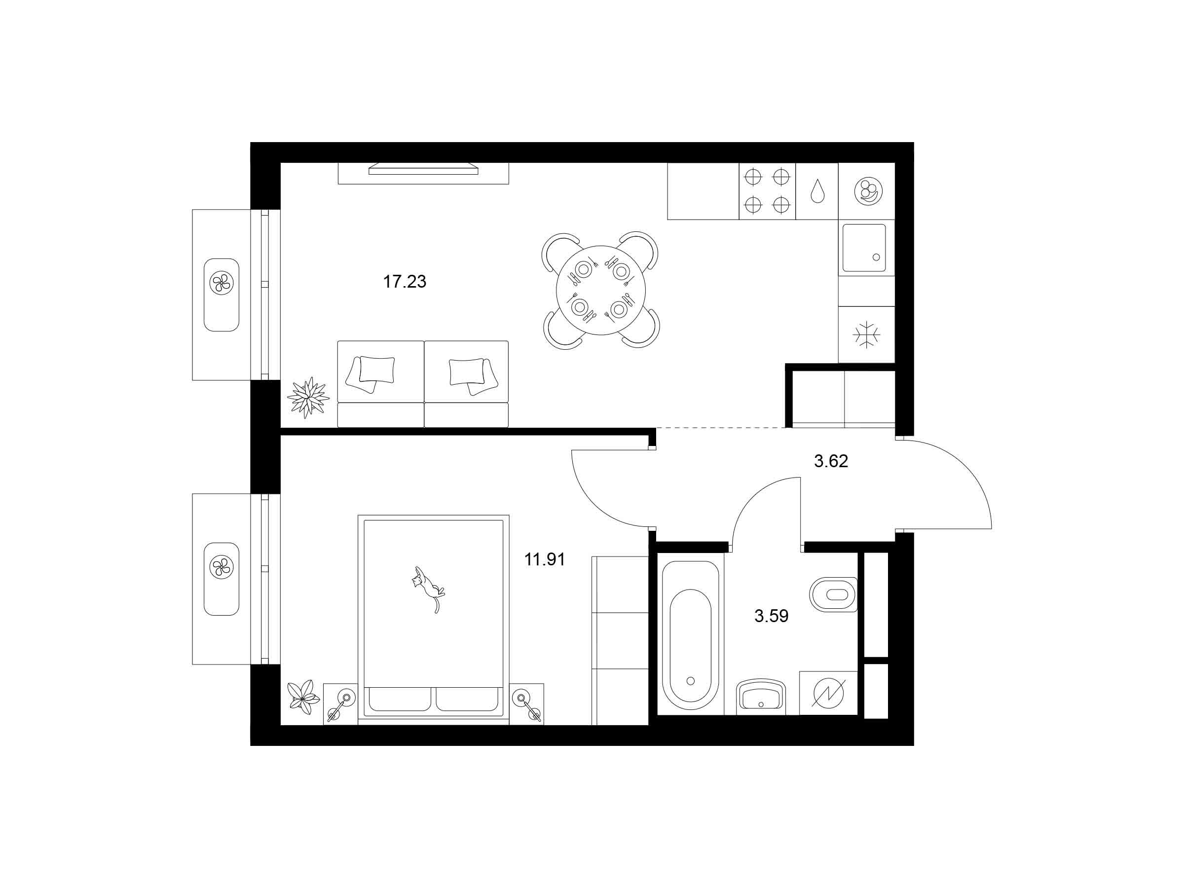 Планировка: 1-комн. квартира 36.35 м² в новостройке Квартал Мит