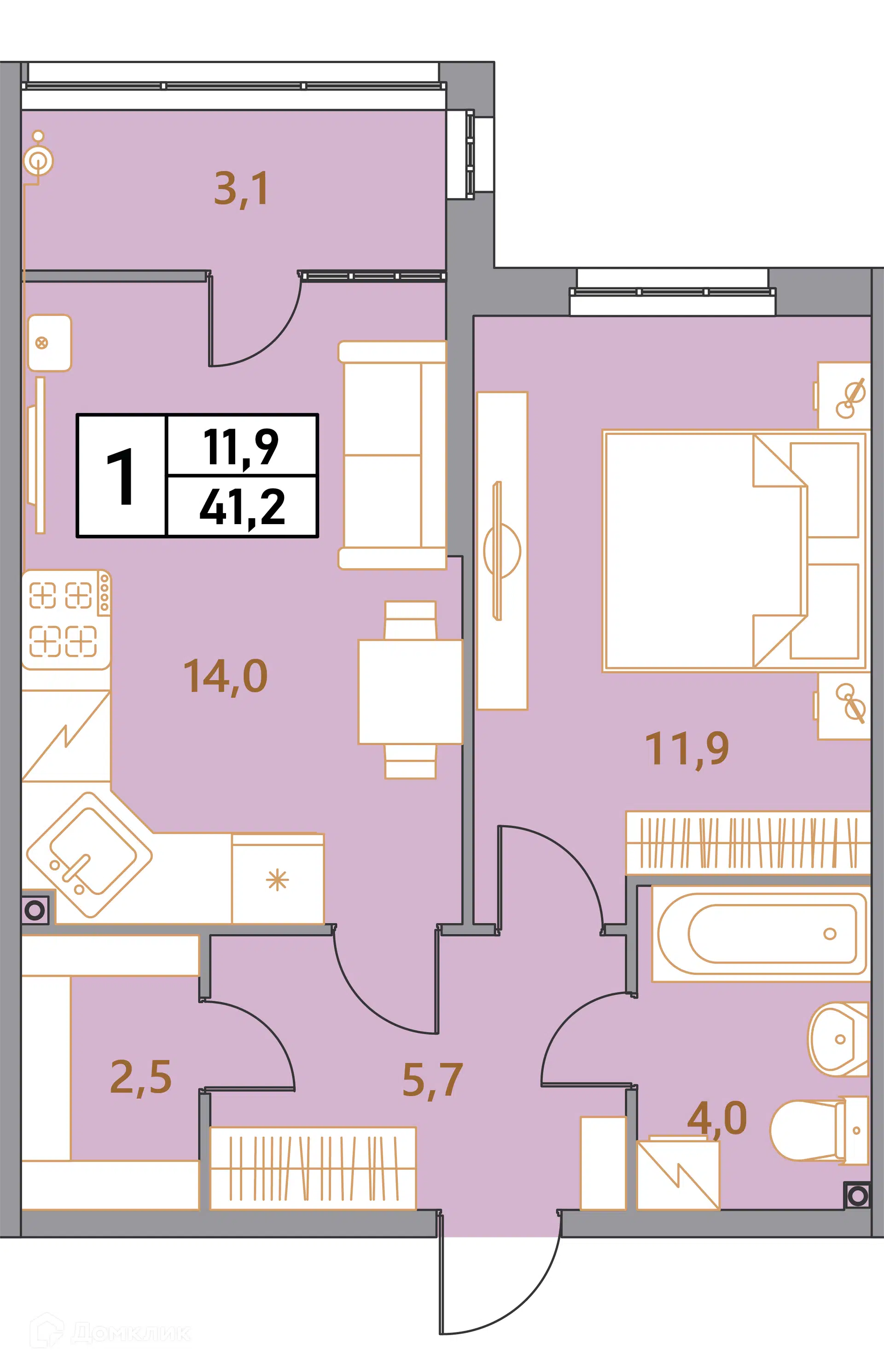 Планировка: 2-комн. квартира 41.20 м² в новостройке Фруктовый сад