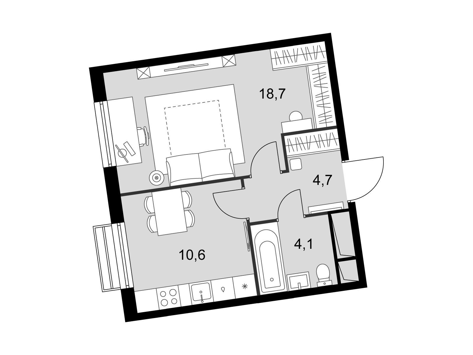 Планировка: 1-комн. квартира 38.10 м² в новостройке Римский