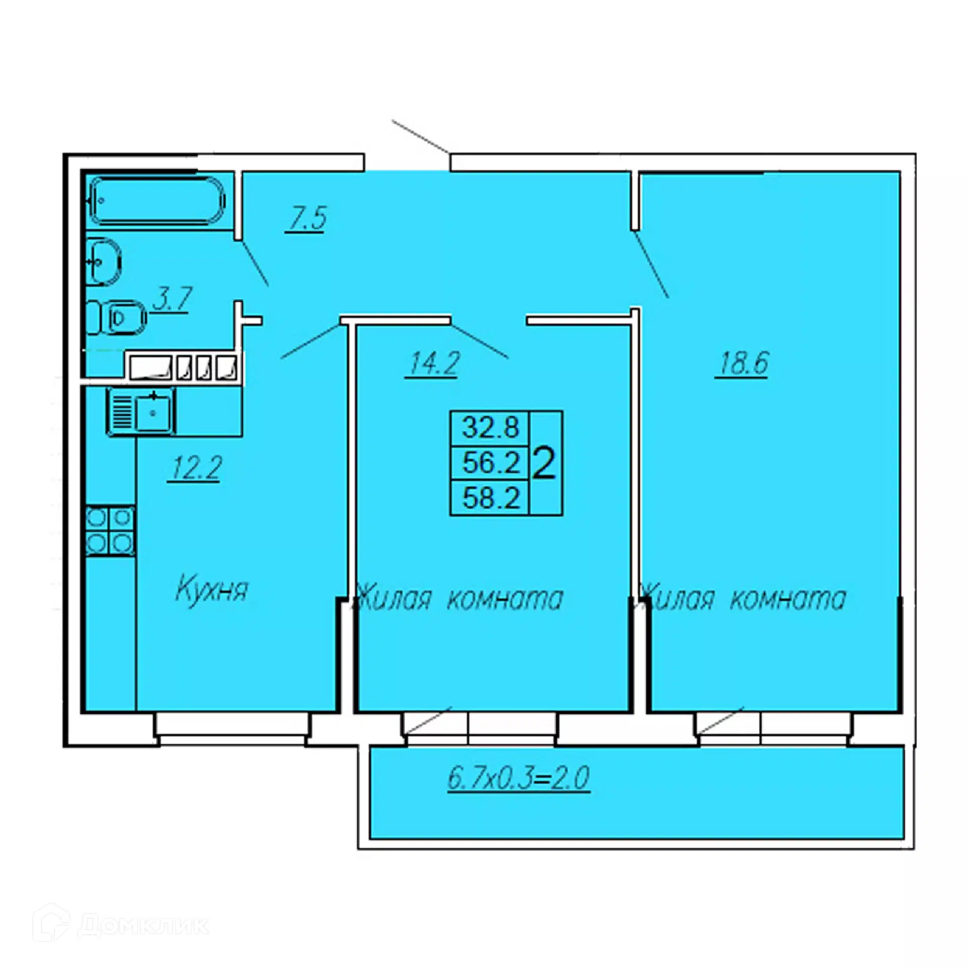 Планировка: 2-комн. квартира 58.20 м² в новостройке Новый Горизонт