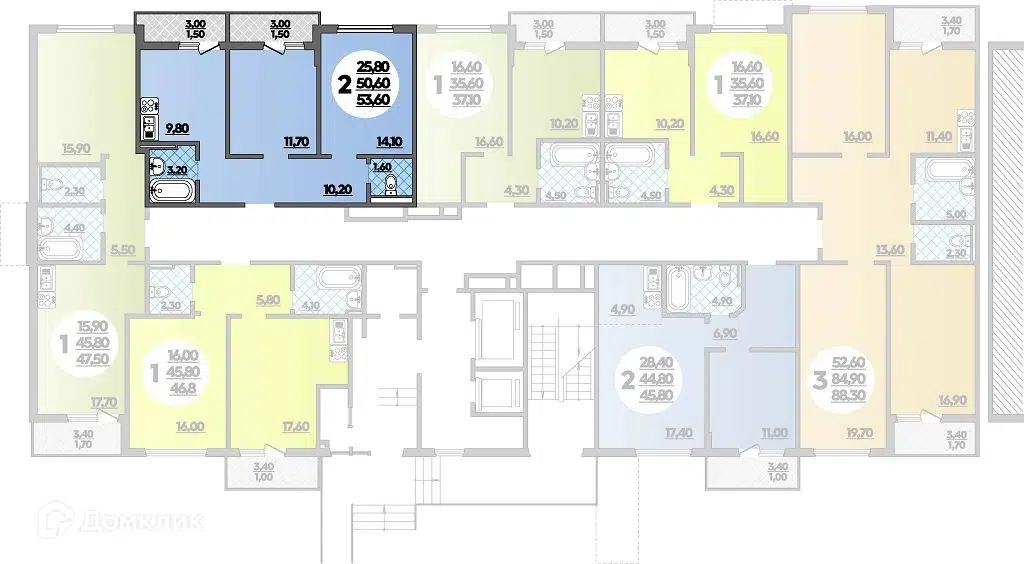 Планировка: 2-комн. квартира 53.60 м² в новостройке Парк у дома