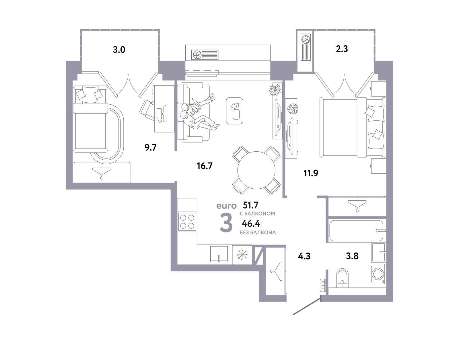 Планировка: 3-комн. квартира 51.70 м² в новостройке Страна. Заречная