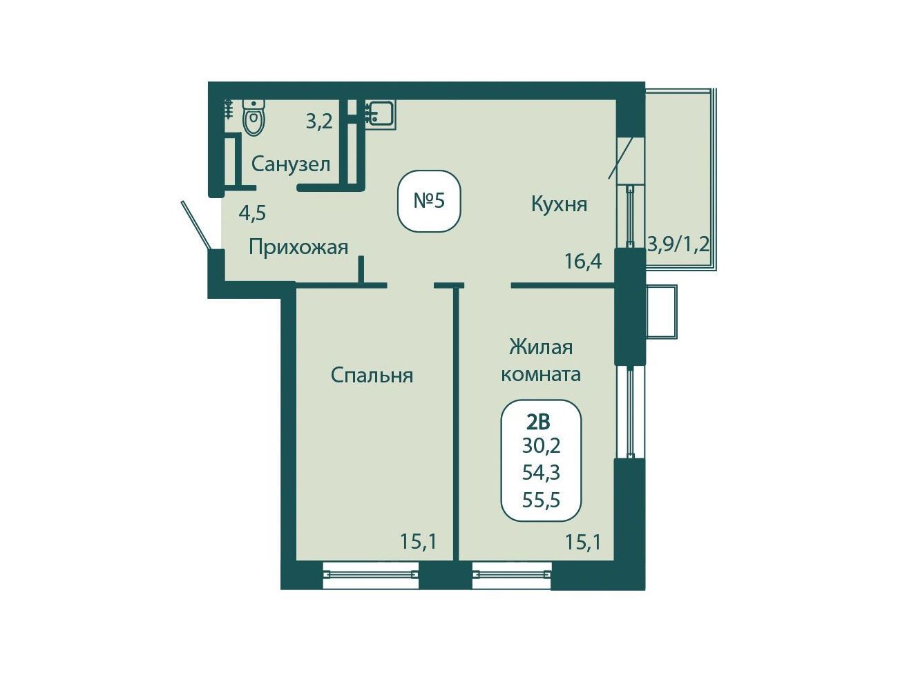 Планировка: 2-комн. квартира 55.50 м² в новостройке Андреевка Лайф