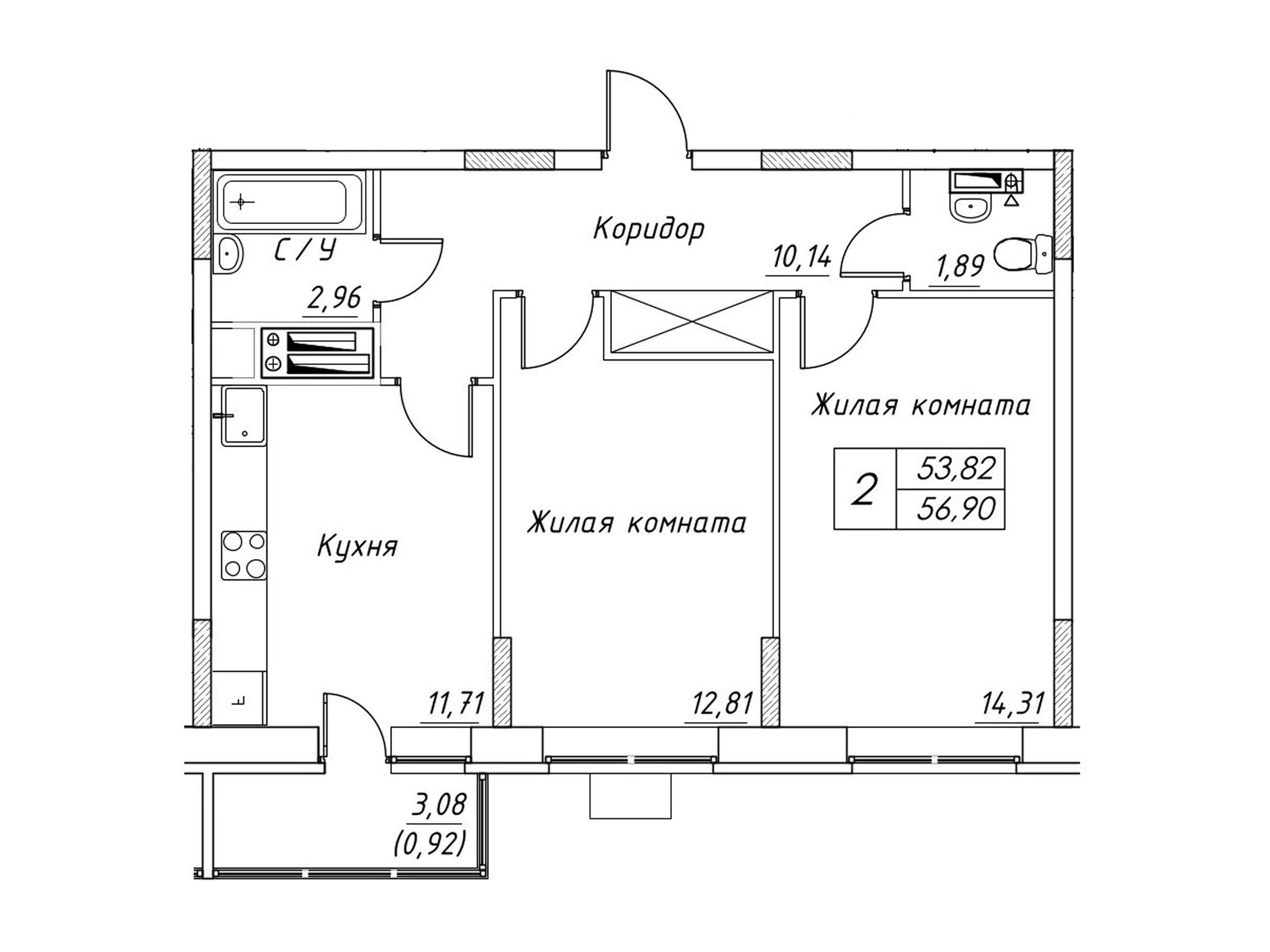 Планировка: 2-комн. квартира 56.90 м² в новостройке Большевик (Дмитров)