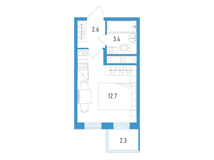 Планировка: Студия 19.40 м² в новостройке Аэросити Клаб