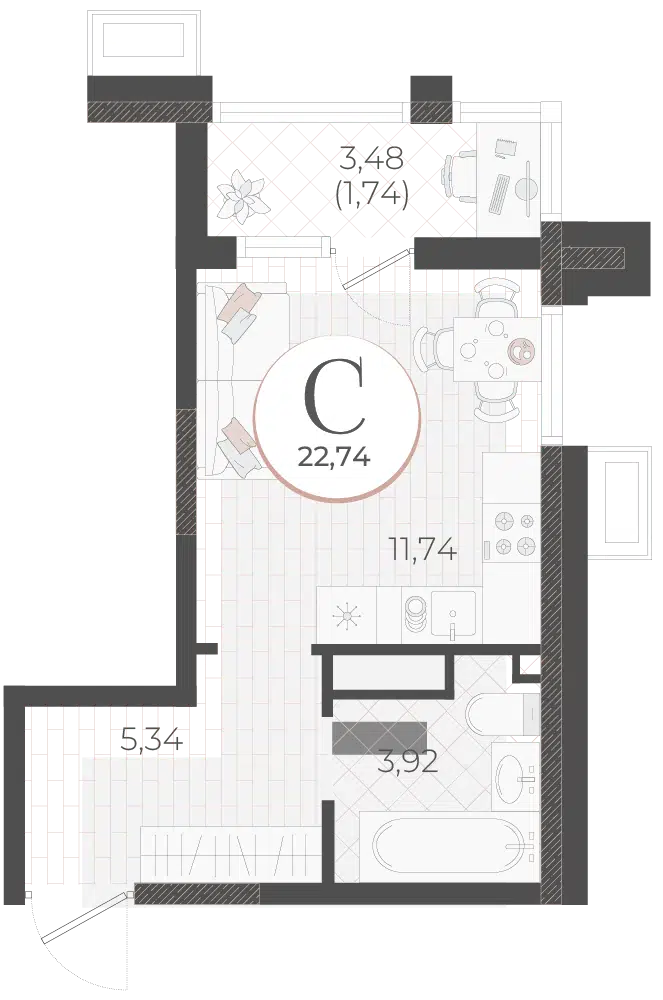 Планировка: Студия 22.74 м² в новостройке Моренуар